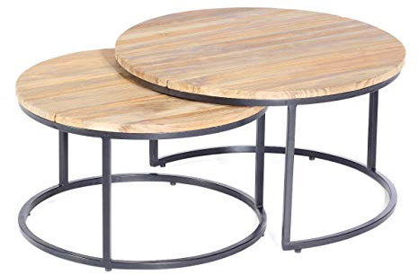 Sonnenpartner 2er-Set Lounge-Beistelltische Cambridge Ø 65 und 76 cm Metall anthrazit Teakholz Old Teak Tisch Lounge-Tisch