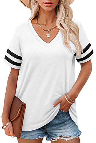 V Neck T Shirts for Women Casual Cotton Short Sleeve White Tops Loose Fit Football Jerseys Shirt L