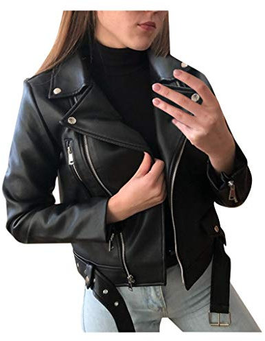 Veste en cuir à manches longues pour femme - Coupe courte et fine - Fermeture éclair - Veste en cuir - Veste d'hiver - Veste à capuche, Noir , XL