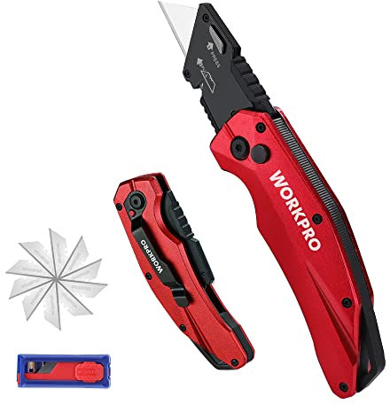 WORKPRO Cutter Professionnel Pliant, Cutter Utilitaire avec Mécanisme de Changement Rapide, Cutter Argenté avec 10 Lames SK5 Supplémentaires, Idéal pour Coupe