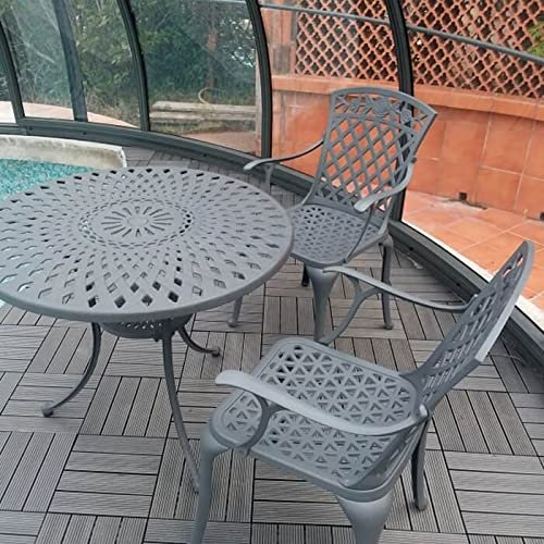 Lazy Susan 88 cm Runder Mia Gartentisch in Schiefergrau mit 2 Rose Stühlen und grünen Sitzkissen | Nachhaltiges Sandguss-Aluminium | Wetterfest | Rostfrei | Wartungsarm | 3 Jahre Garantie