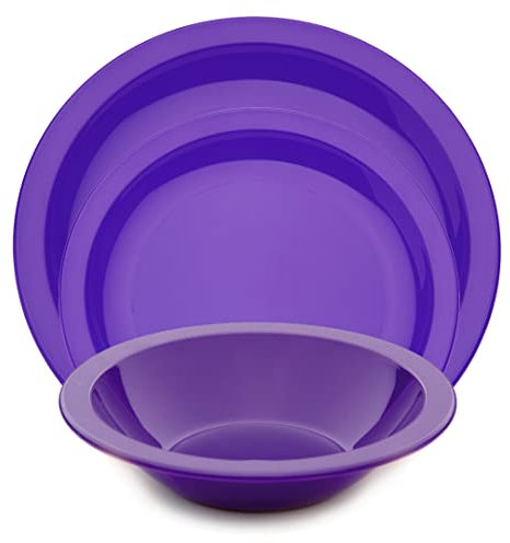 Harfield 3 Piece Tableware Set Dining Plates & Bowl Virtually Unbreakable Reusable Polycarbonate (Purple)