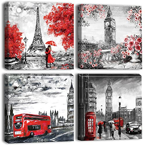 Artscope 4 Teilig Leinwandbilder mit Paar mit Big Ben und Eiffelturm Motiv Kunstdruck - Moderne Wandbild für Küche Badezimmer Wohnzimmer Wanddekoration - 30 x 30 cm Romantisches Rot