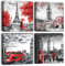 Artscope 4 Teilig Leinwandbilder mit Paar mit Big Ben und Eiffelturm Motiv Kunstdruck - Moderne Wandbild für Küche Badezimmer Wohnzimmer Wanddekoration - 30 x 30 cm Romantisches Rot