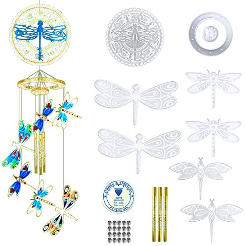DeryArcle 32 Stück Epoxidharz Formen Windspiel, Silikonform Libelle Windspiele Harzformen Gießform Libellen mit 3 Metallrohre für DIY Ornamente Untersetzer Heim Dekoration Anhänger
