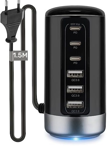 Chargeur USB C Multiple 60W, PD3.0 QC4.0 PPS 6 Ports Charge avec détection Intelligente, Compatible avec iPhone/Samsung/Note/Fold/Pixel/Xiaomi/Huawei/iPad/Tablettes