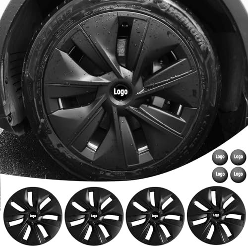 Limsas Lot de 4 enjoliveurs compatibles avec Tesla Model Y de 48,3 cm, accessoires pour Tesla Model Y, noir mat, compatibles avec Tesla Model Y 2021-2023, avec quatre logos