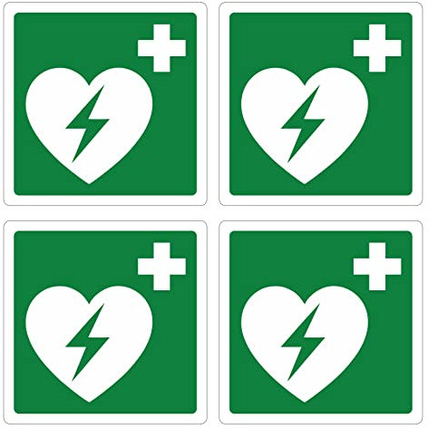 pubblimania 4 Pezzi Defibrillatore PVC Adesivo Resistente per Esterno e Interno (Cm 18,5x18,5) (4 Defibrillatore)