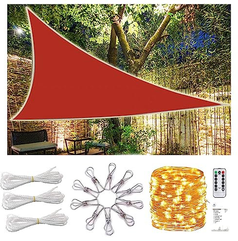 AdeptT Mit LED-Licht, Sonnensegel, dreieckig, Gartensegel, Überdachung, wasserdicht, UV-beständig, für draußen, Garten, Terrasse, mit LED-Licht, rot,3 * 3 * 3m