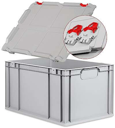 Eurobox NextGen Economy, Griffe geschlossen mit Scharnierdeckel 60x40x32cm grau Kunststoffbox 65 Liter stapelbar Transportbehälter lebensmittelecht, Farbe Deckel-Scharniere wählbar (Rot)