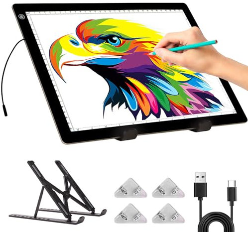 Bloque A4 luminoso – Cuadro de pintura de diamante con soporte – Intensidad variable de 3 niveles – Cable tipo C – Sello LED ultra fino para dibujo de vinilo