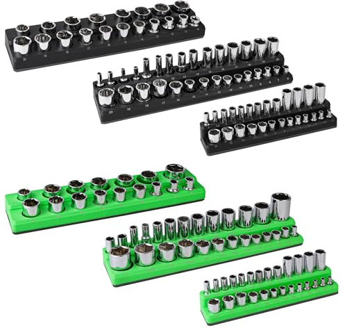 ALOANES 143-Slot Magnetic Socket Organizer, 6PC Socket Tray Holders for 1/2-inch, 3/8-inch, 1/4-inch Drive, Heavy Duty Tool Organizer (Green & Black)
