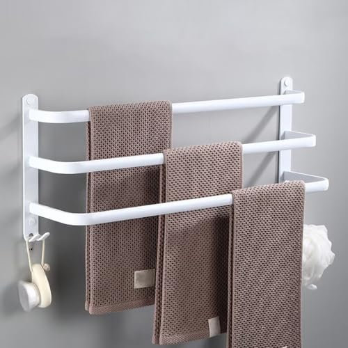 nvdsivee Porte Serviette Salle de Bain sans Percage Porte-Serviettes Murale Blanc avec 2 Crochets Barre Serviette en Aluminium Cuisine Blanc 3 Couches 60cm