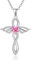 TANGPOET Engelsflügel Halskette für Frauen 925 Sterling Silber Schutzengel Anhänger, Herz Kreuz Kette, Oktober Rosa Turmalin Geburtsstein Schmuck, Geburtstagsgeschenke für sie