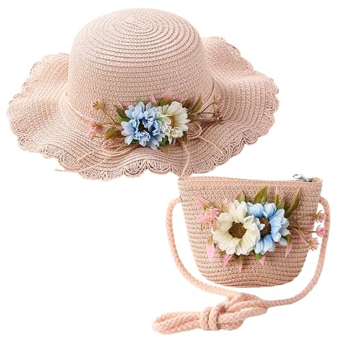 Girls Sun Hat and Mini Cross Body Bag Set Kid Summer Straw Hat Wide Brim Sun Protection Visor Hats Flower Straw Hat for Kids Girls Holiday Travel, Beige or Pink (UK, Age, 2 Years, 8 Years, Pink)