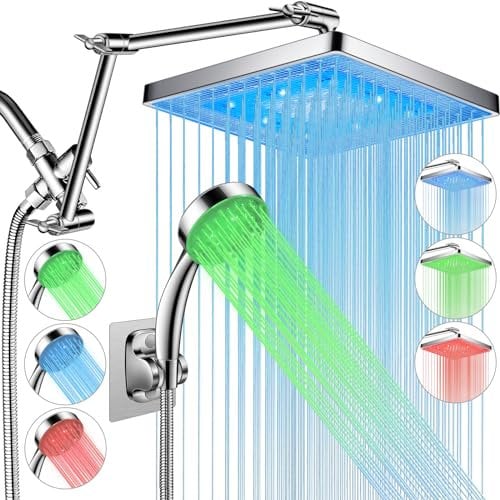 PinWin LED Shower Head, 8 LED Rain Shower Head with 16 Adjustable Upgraded Extension Arm, High Pressure Handheld Shower with LED Color Changing Based on Water Temperature, Easy
