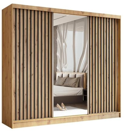 BEAUTY SOFA Helix - Schrank mit Spiegel - Kleiderschrank mit Schiebetüren und Lamellen - Garderobenschrank, Mehrzweckschrank, Flurschrank - 240cm breit - Artisan & Lamellenfarbe Schwarz