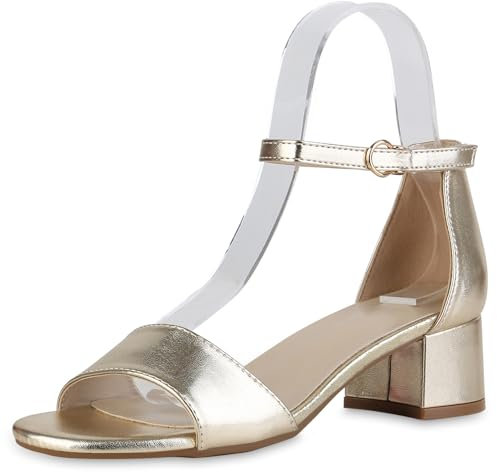 VAN HILL Damen Klassische Sandaletten Blockabsatz Basic Klassisch Schuhe 215207 Gold 39
