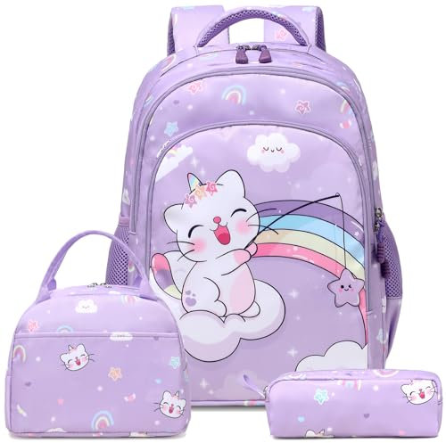 Mädchen Kinderucksack Katzen Rucksäcke für Schulranzen Kinder Mädchen Schultaschen 3 TLG. Sets für Schule 1-3 Klasse,Reisen Wandern