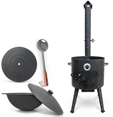Utschak Uchag Feuerofen Ø 40 cm 2 mm Stahl Herdplatte Kazan 12 L flacher Boden mit Thermometer Schaumlöffel für Plov Учак Учаг Uchag Asia (Set 505)