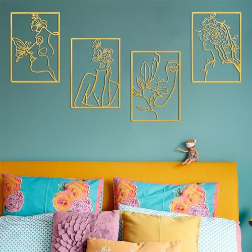 Opaltool 4 Stück Wanddeko Metall Gold, Minimalistische Metall Wandkunst Abstrakte Frau Wandkunst, eisen strichzeichnung Weibliche Blume Wand Skulptur Deko für Schlafzimmer und Wohnzimmer