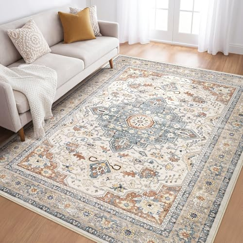 LOONGRUG Teppich, waschbar, Vintage, Boho, Wohnzimmer, 12,7 x 17,8 cm, Beige / Blau