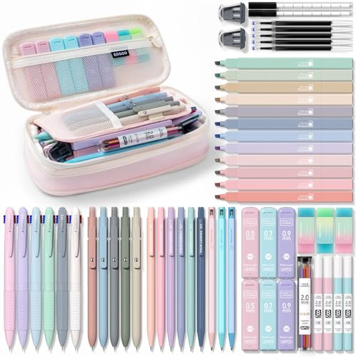 Four Candies 56 PCS Aesthetic School Supplies with Cute Pencil Case, 6 Multicolor Pen, 12 Pastel Highlighters, 5 Gel Pens Black Ink, 9 Mechanical Pencils for Student Stationary Set Preppy Stuff (Pink)