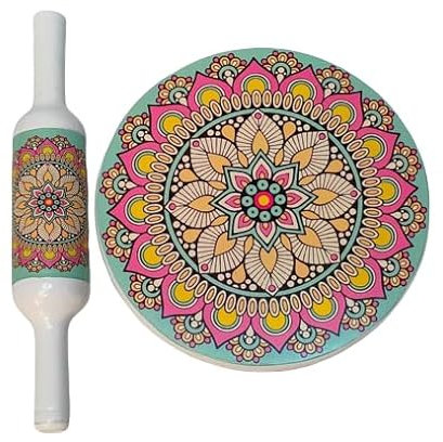 Design imprimé en marbre Chakla/planche à pâtisserie et bélan/rouleau à pâtisserie sans support (25,4 cm) Multicolore || Motif imprimé