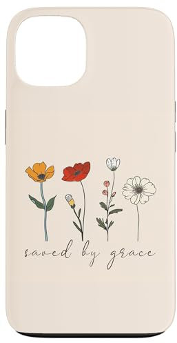 iPhone 13 Saves By Grace Minimalist Flower Christian Bible Verse Quote Case