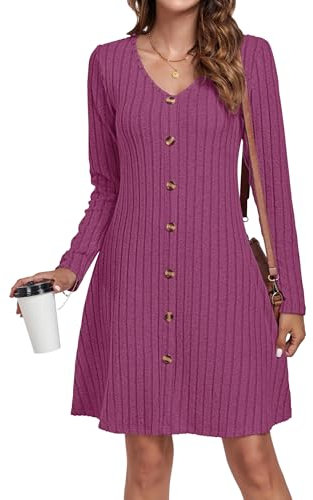 AUSELILY Robe Pull Femme Automne Hiver Léger Boutons Décoratifs Manches Longues Col en V Robe Chic et Elegant Casual Robe Rose Rouge M