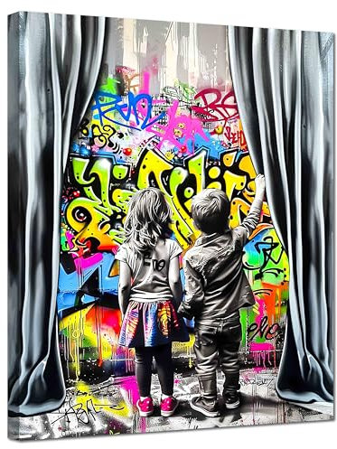 Kunstbruder© Wandbilder Banksy Gross hochkant Schlafzimmer Home Deko Wohnung Bild Wohnzimmer Bilder Leinwand Graffiti kunstdruck - Bunt gemälde (boyandgirlgraffitihoch, 70x100 cm)