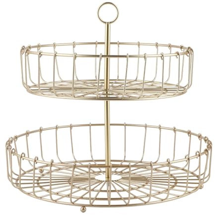 HAOHIZE Cesta de Frutas para Mostrador de Cocina de 2 Niveles, Frutero de Hierro Dorado, Gran Capacidad, Redonda, nórdica, Bandeja de Almacenamiento para refrigerios, Soporte de