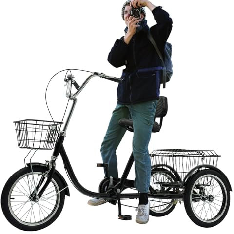 16 Zoll Dreirad mit Körben vorne & hinten, Dreirad für Erwachsene Bis 150 kg, Verstellbarer Sitz Dreiräder 3-Rad-Fahrrad mit Rückenlehne für Senioren Damen und Herren (Schwarz)