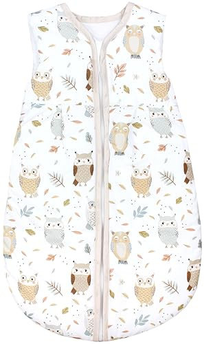 TupTam Schlafsack Baby - Wärmender Ganzjahresschlafsack 2.5 TOG, OEKO-TEX, Ärmellos, Farbe: Eule Beige Pastellblau, Größe: 104-110