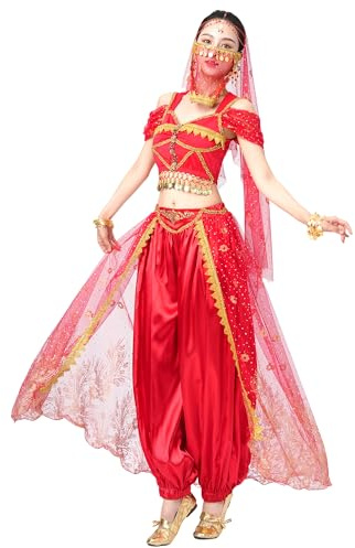 MUNAFIE Jasmin Kostüm Frauen Bauchtanz Kostüm Damen (Oberteil + Hose + Kopfschleier + Gesichtsschleier + Armband) Prinzessin Kostüm
