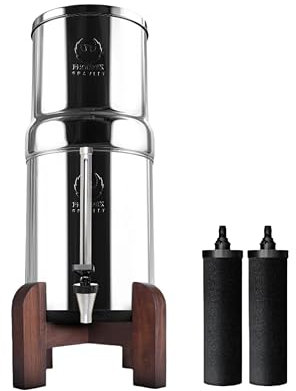 Phoenix Gravity - Système de filtration d'eau par gravité AISI 304 de 6 litres avec 2 éléments filtrants à charbon intelligents, support en bois de teck gratuit et robinet avec niveau d'eau