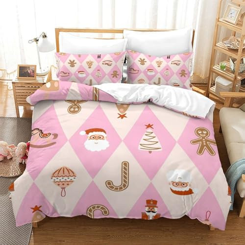 LIAOHENKAN Cream Pink - Santa, Nutcracker 3Pcs Full Size Bedding Set for Kids Boys Girls Ultra Soft Comforter Set with Zipper Closure Breathable Duvet Cover Set Bedclothes Super King（260x220cm）