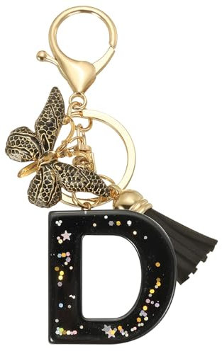 PATIKIL Porte-clés de lettre initiale de l'alphabet, porte-clés mignon en résine avec pendentif de lettre D papillon à pompon pour femmes, accessoires de sac à main, noir
