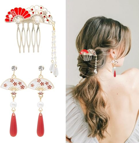 Palillos para el pelo para mujer, estilo retro, de madera, estilo japonés, chino, horquillas para el pelo (rojo)