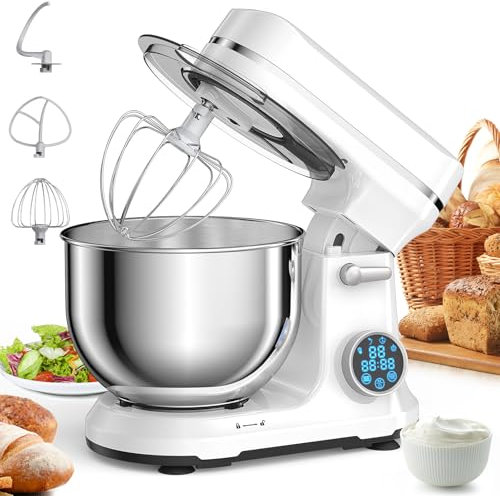 Stand Mixer,1200W Electric Kitchen Mixers,with LED display, 5L Stainless Steel Bowl,11 Speed Tilt Head Food Mixer, with Dough Hook, Flat Beater, Whisk,for Daily Use for Baking white