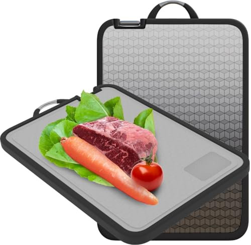Pryzon Tabla de cortar grande de acero inoxidable con afilador de cuchillos integrado, tabla de cortar de doble cara con ranura para jugo, paja de trigo de grado alimenticio, adecuada para carne y