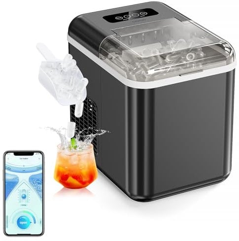 Machine à Glaçons 15kg/24h, Contrôle par Application Mobile, 9 Glaçons en 6-8 Minutes,2 Tailles,Machines à Glaçons Avec Nettoyage Automatique, Machine a Glacons Pour la Maison/Cuisine/Camping/Bar.