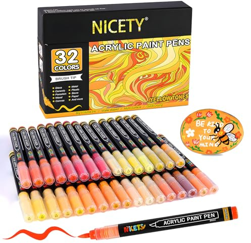 NICETY 32 Couleurs Feutres Acryliques – Stylos Pinceaux pour Peinture sur Pierre, Bois, Verre, Céramique – Pointe Pinceau 1-6mm, Marqueurs Acryliques set à Base d’Eau pour Adultes (Jaune)