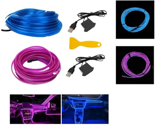 2 Stück 5m/16.4FT Innenraumbeleuchtung,Auto Led Innenbeleuchtung,USB EL Wire, Atmosphäre Licht, Streifen, Tape,Ambientebeleuchtung, Lampen,Neonröhre Lichte (Blaulicht+lila(2 * 5M))
