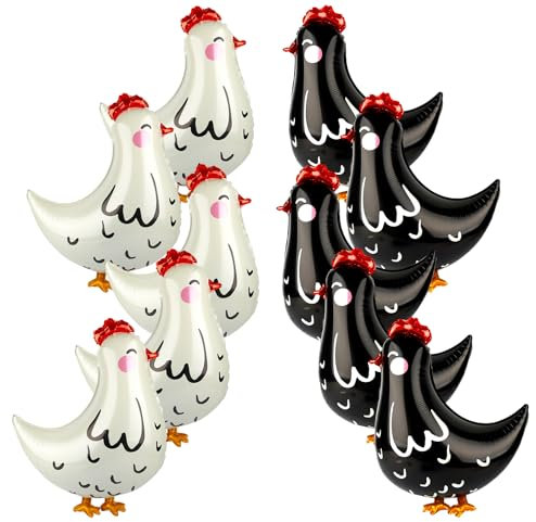 10 Stück Huhn Folienballon, Helium Ballon, Lustiger Walking Ballon, Tiere Luftballon Set mit 10 süßen Huhn Ballons für Kindergeburtstag, Bauernhof-Party, Party Deko (5 Weiß/5 Schwarz)