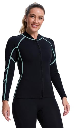 Lemorecn Women's Wetsuit Top, 2mm Long Sleeve Super-Stretch Neoprene Jacket for Diving, Surfing, Snorkeling & Water Sports (UK2098-BLACKGREEN-XL)