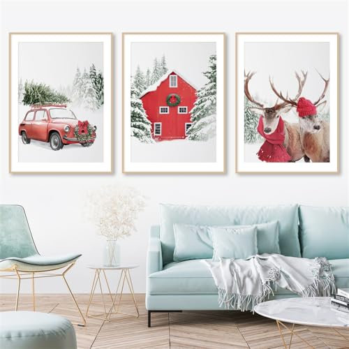 Set di 3-Inverno Neve Foresta Albero di Natale Alce Auto Arte Murale Tela Dipinta Poster e Stampe Nordiche Immagini da Parete Soggiorno Cucina Camera Decorazione-40*50cm/(16*20pollici) Senza cornice