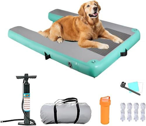 AVLLSO Aufblasbare Hundewasserrampe, Schwimmende Sportplattform, Hohe Sichtbarkeit PVC Hunde Dock Treppe für Pool/Boot/See(Green)