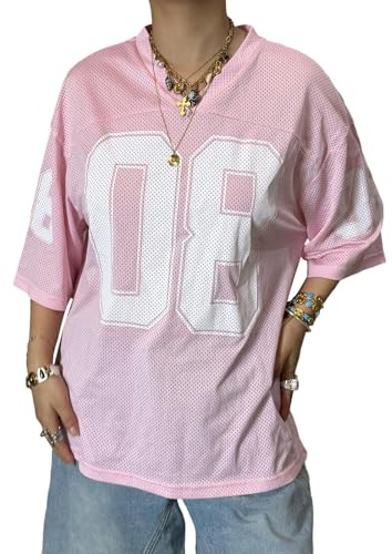 LYSINK Damen Y2K Übergroße Jersey-Shirts V-Ausschnitt Halbarm Nummer Grafik-Shirts Sommer Casual Jersey Streetwear Tops, L