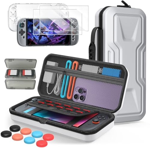 5-in-1 Zubehörset Switch 2 Tasche, Hülle, Schutzfolie, Spielkartenbox | FYOUNG Weiß Reise-Tragetasche, Schutzhülle, Displayschutz, Joystick-Kappen & Spielkarten Aufbewahrungsbox für Switch 2